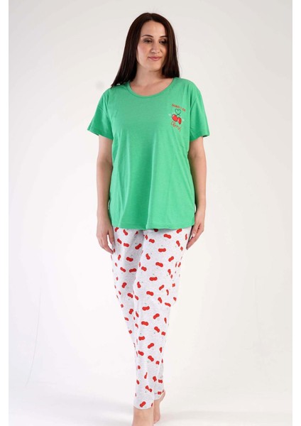 Kadın Yeşil Kısa Kollu Kiraz Desenli Bisiklet Yaka Oval Etek Süprem Pijama Takımı