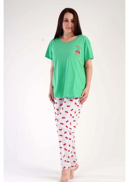 Kadın Yeşil Kısa Kollu Kiraz Desenli Bisiklet Yaka Oval Etek Süprem Pijama Takımı