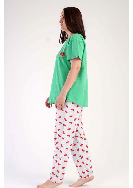 Kadın Yeşil Kısa Kollu Kiraz Desenli Bisiklet Yaka Oval Etek Süprem Pijama Takımı