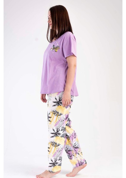 Kadın Mor Kısa Kollu Kelebek Desenli Bisiklet Yaka Oval Etek Süprem Pijama Takımı