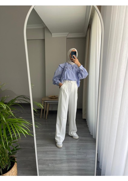 Yüksel Bel Palazzo Bol Paça Beyaz Kumaş Pantolon fiyatları