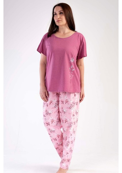Kadın Gülkurusu Kısa Kollu Çiçek Desenli Bisiklet Yaka Oval Etek Süprem Pijama Takımı