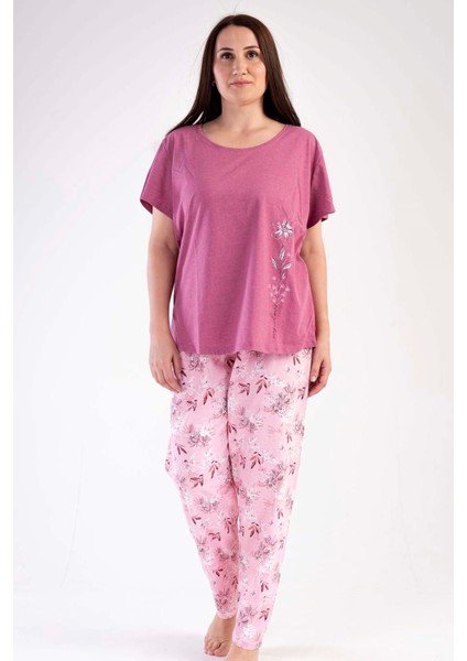 Kadın Gülkurusu Kısa Kollu Çiçek Desenli Bisiklet Yaka Oval Etek Süprem Pijama Takımı