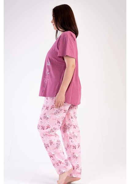 Kadın Gülkurusu Kısa Kollu Çiçek Desenli Bisiklet Yaka Oval Etek Süprem Pijama Takımı