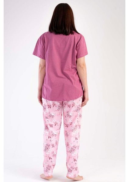 Kadın Gülkurusu Kısa Kollu Çiçek Desenli Bisiklet Yaka Oval Etek Süprem Pijama Takımı