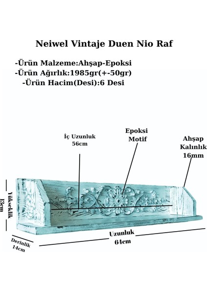 Vintage Duen Nio Naturel Ahşap Bar Raf