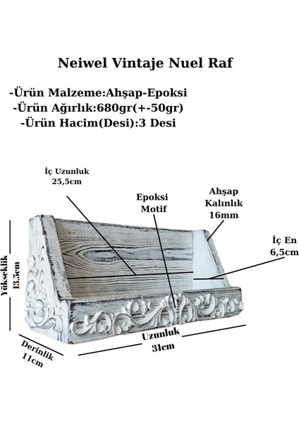 Vintage Nuel Eskitme Beyaz Ahşap Raf