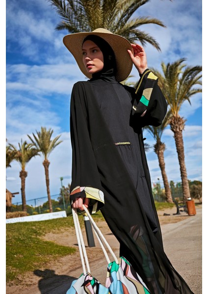 Bordürlü Siyah Kimono KAFTAN P2408