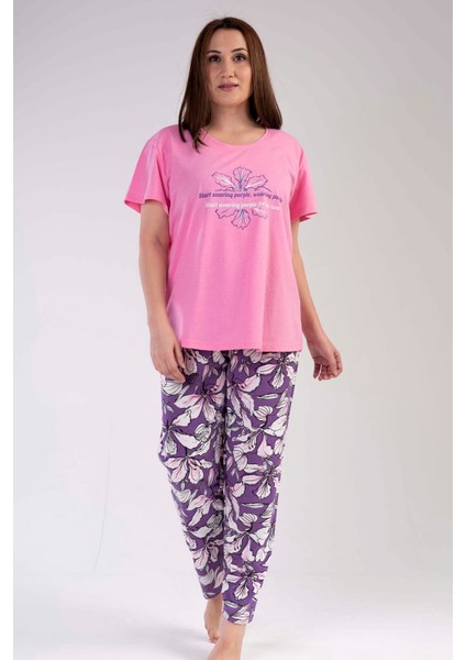 Kadın Pembe Kısa Kollu Çiçek Desenli Bisiklet Yaka Oval Etek Süprem Pijama Takımı modelleri