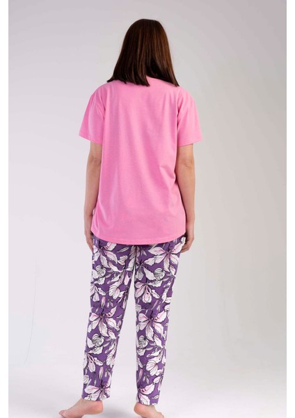 Kadın Pembe Kısa Kollu Çiçek Desenli Bisiklet Yaka Oval Etek Süprem Pijama Takımı fırsatları