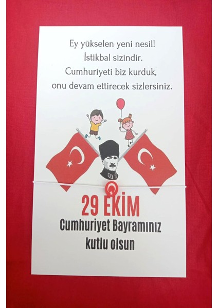 10 Adet Bayrak Atatürk ve Çocuk Kartlı Türk Bayrağı Bileklik - 29 Ekim Hediye- (Tek Tek Paketli)