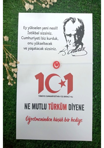 10 Adet Atatürk Silüet 101. Yıl Kartlı Türk Bayrağı Bileklik - 29 Ekim Hediye- Öğretmeninden Hediye