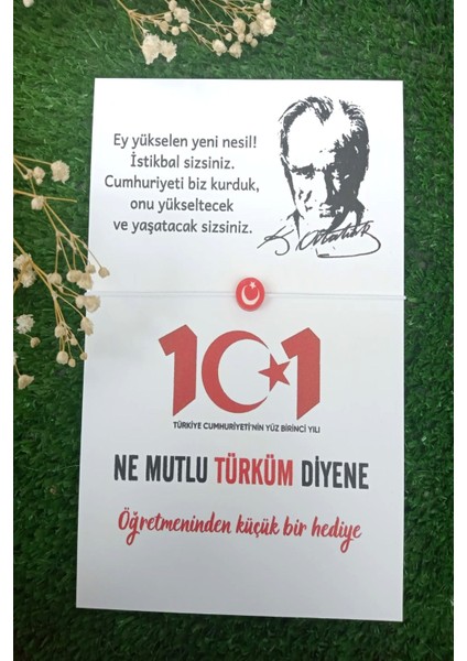 10 Adet Atatürk Silüet 101. Yıl Kartlı Türk Bayrağı Bileklik - 29 Ekim Hediye- Öğretmeninden Hediye