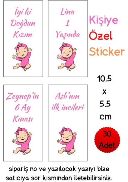 Emtory Home 10.5 x 5.5 cm | 30 Adet Kişiye Özel Sticker - Kız Çocuk Mevlid Sticker - Doğum Günü Sticker