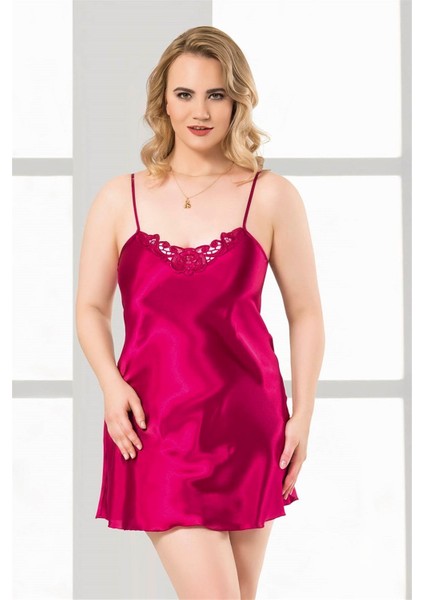 Shopidik Büyük Beden Vişne Kısa Saten Gecelik