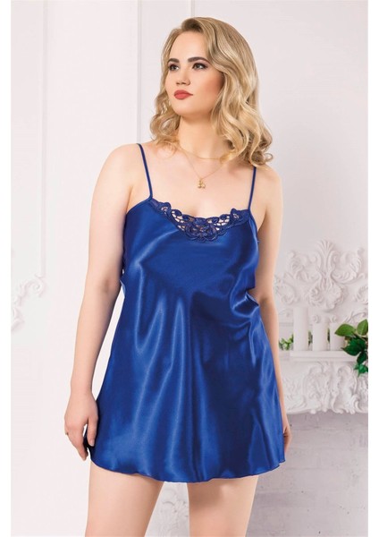 Shopidik Büyük Beden Saks Kısa Saten Gecelik