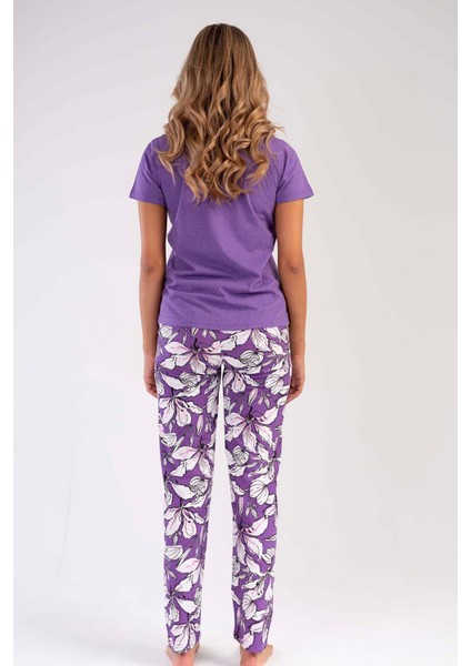 Kadın Mor Kısa Kollu Çiçek Desenli Bisiklet Yaka Oval Etek Süprem Pijama Takımı