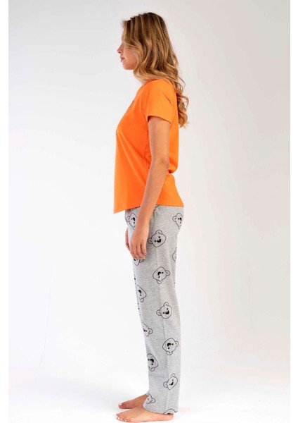 Kadın Oranj Kısa Kollu Desenli Bisiklet Yaka Oval Etek Süprem Pijama Takımı
