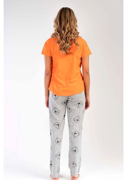 Kadın Oranj Kısa Kollu Desenli Bisiklet Yaka Oval Etek Süprem Pijama Takımı