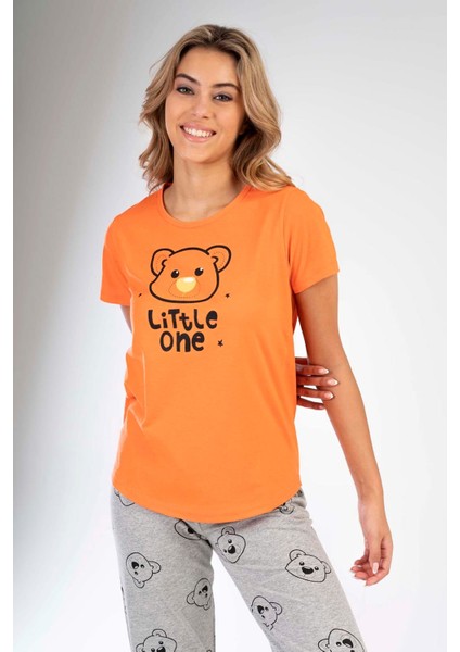 Kadın Oranj Kısa Kollu Desenli Bisiklet Yaka Oval Etek Süprem Pijama Takımı