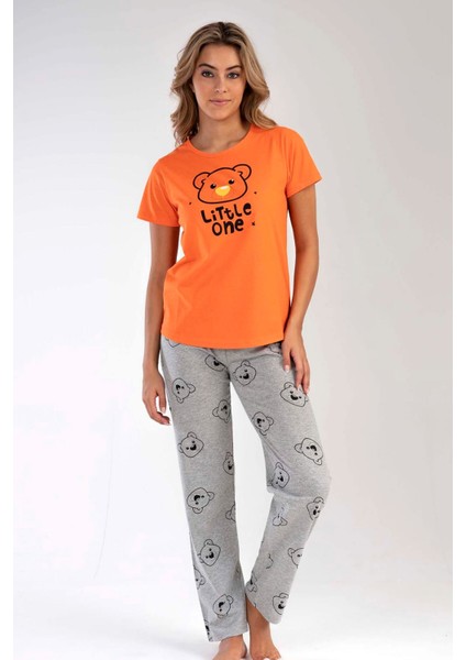 Kadın Oranj Kısa Kollu Desenli Bisiklet Yaka Oval Etek Süprem Pijama Takımı