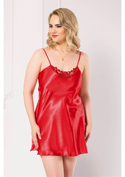 Shopidik Büyük Beden Kırmızı Kısa Saten Gecelik