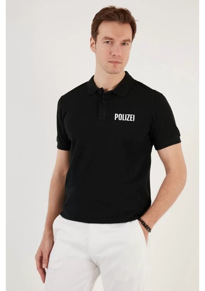 Yakası Düğmeli Yakalı Pike Baskılı T-Shirt Siyah