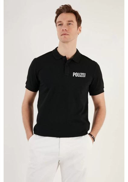 Yakası Düğmeli Yakalı Pike Baskılı T-Shirt Siyah fiyatları