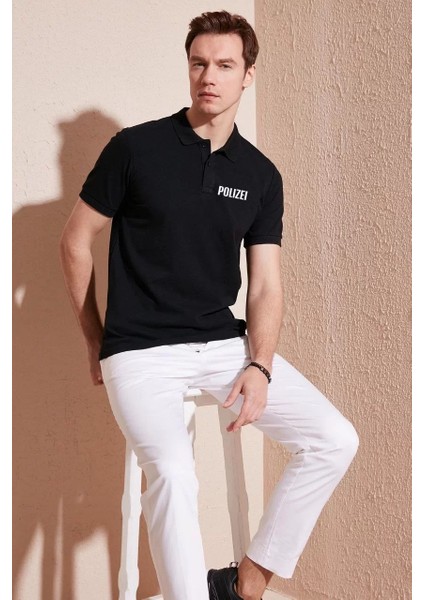 Yakası Düğmeli Yakalı Pike Baskılı T-Shirt Siyah modelleri