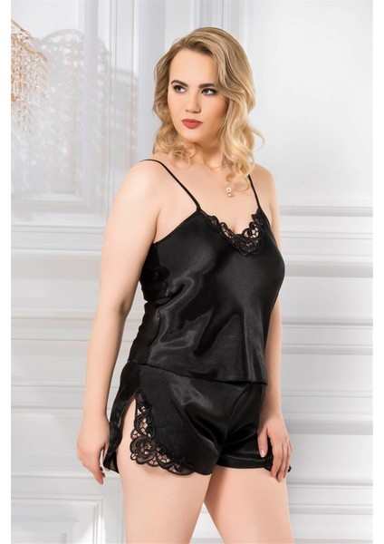 Shopidik Büyük Beden Siyah Saten Babydoll Şort Takımı