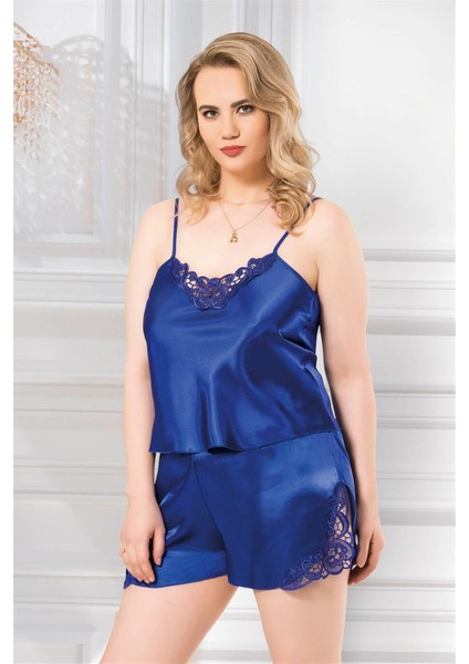 Shopidik Büyük Beden Saks Saten Babydoll Şort Takımı