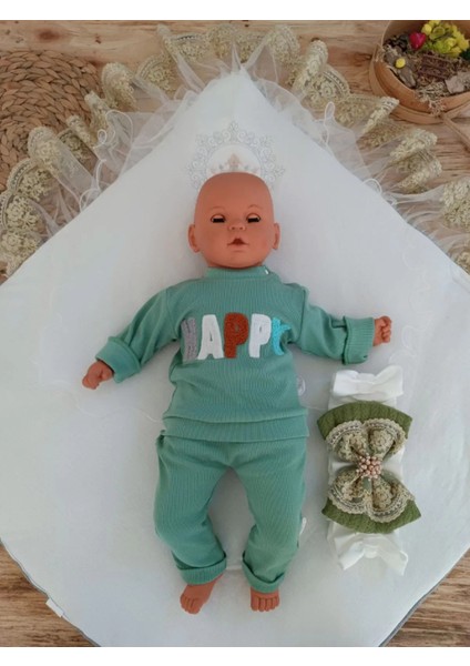 Yenidoğan Teri Cotton Taç Nakışlı Prizma Taş Kundak Bebek Battaniyesi Yeşil
