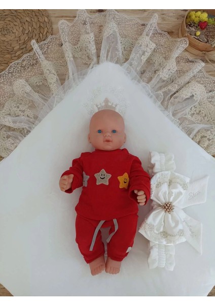 Yenidoğan Sahra Taç Nakışlı Plazma Taşlı Güpürlü Fiyonklu Duvaklı Trilüks Kundak Bebek Battaniyesi Sütlü Kahve