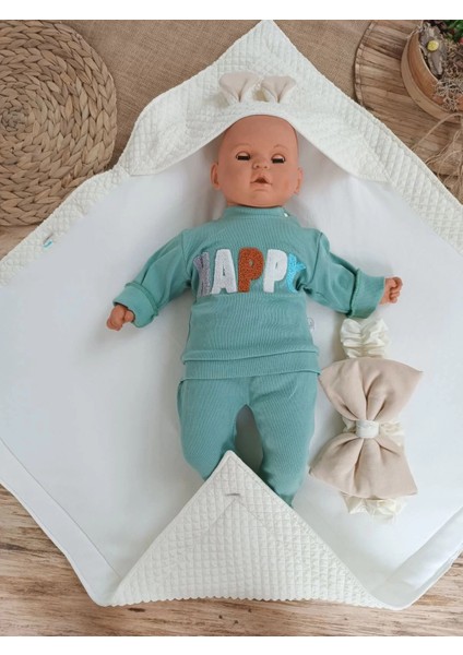 Yenidoğan Kulaklı Şapkalı Düğme Detaylı Fiyonklu Bebek Battaniyesi Kundak Krem