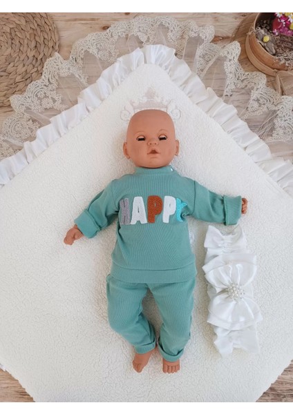 Yenidoğan Wool Yün Kumaş Taç Nakışlı Güpür Duvaklı Fiyonk Prizma Taş Unisex Kundak Bebek Battaniyesi Bej