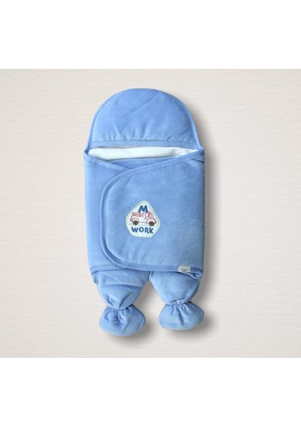 Yenidoğan Araba Nakışlı Fitilli Kadife Aklı Erkek Bebek Kundak Mavi