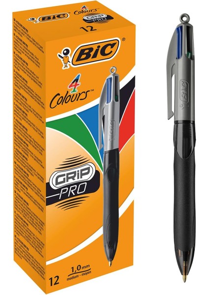 4 Colours Grip Pro Tükenmez Kalem 12'li Kutu, Kauçuk Tutacak, 1.0mm Uç, Tek Kalemde Mavi, Kırmızı, Yeşil ve Siyah Renkler