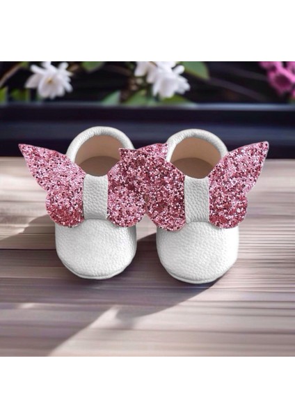 Kız Bebek Makosen Ayakkabı Beyaz Pembe Kelebek Lastikli Ilk Adım Ayakkabısı