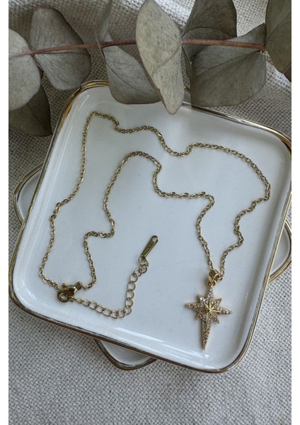 Ince Zincirde Taşlı Kuzey Yıldızı Çelik Kolye 45CM