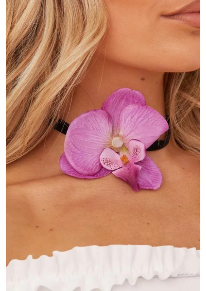 Aloha Orkide Çiçek Detaylı Choker Tasma Kolye