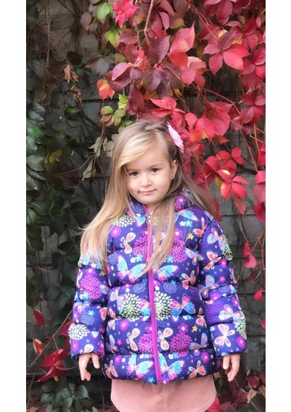 Kız Çocuk Kelebek Desenli Baskılı Dolumlu Iç Polarlı Kapüşonlu Kışlık Şişme Çocuk Mont-Kaban fiyatları