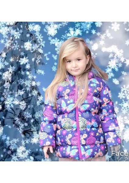 Kız Çocuk Kelebek Desenli Baskılı Dolumlu Iç Polarlı Kapüşonlu Kışlık Şişme Çocuk Mont-Kaban modelleri