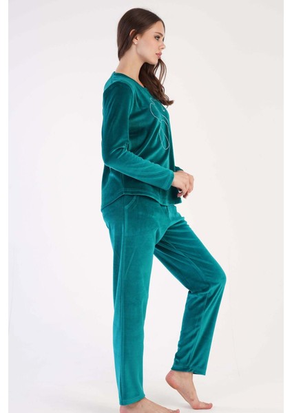 Kadın Yeşil Kadife Yuvarlak Yaka Uzun Kollu Pijama Takımı % 76 Pamuk fiyatları