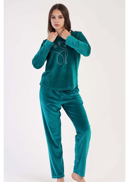 Kadın Yeşil Kadife Yuvarlak Yaka Uzun Kollu Pijama Takımı % 76 Pamuk fırsatları