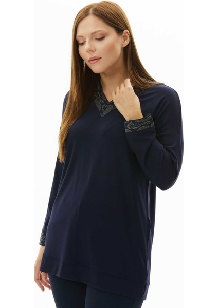 Büyük Beden Şal Desen Ribanalı Uzun Kol Bluz modelleri