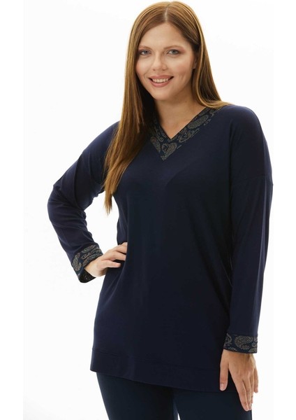 Büyük Beden Şal Desen Ribanalı Uzun Kol Bluz