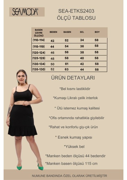 Sea Moda Büyük Beden Beli Lastikli Fırfırlı Likralı Konfor Siyah Etek