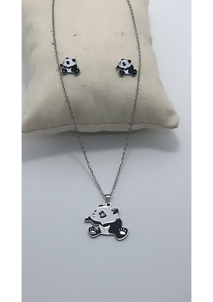 Paslanmaz Çelik Panda Siyah Beyaz Mineli Gümüş Renk Kolye-Küpe Set Takım
