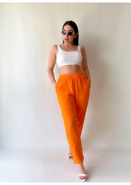 Kadın Cepli Astarlı Pamuklu Keten Kumaş Pantolon (Renkli)