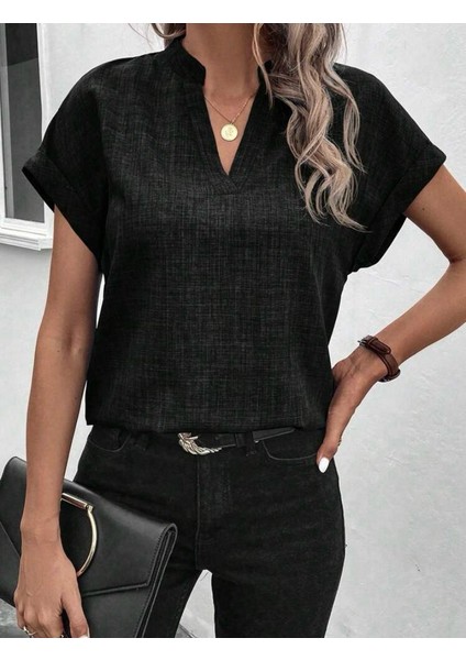 Kadın V Yaka Sofya Keten Kumaş Tişört (Renkli)